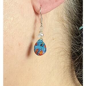 Aqua Turquoise Blue Millefiori Earrings Flowers Drop Hook Sterling Silver Boho